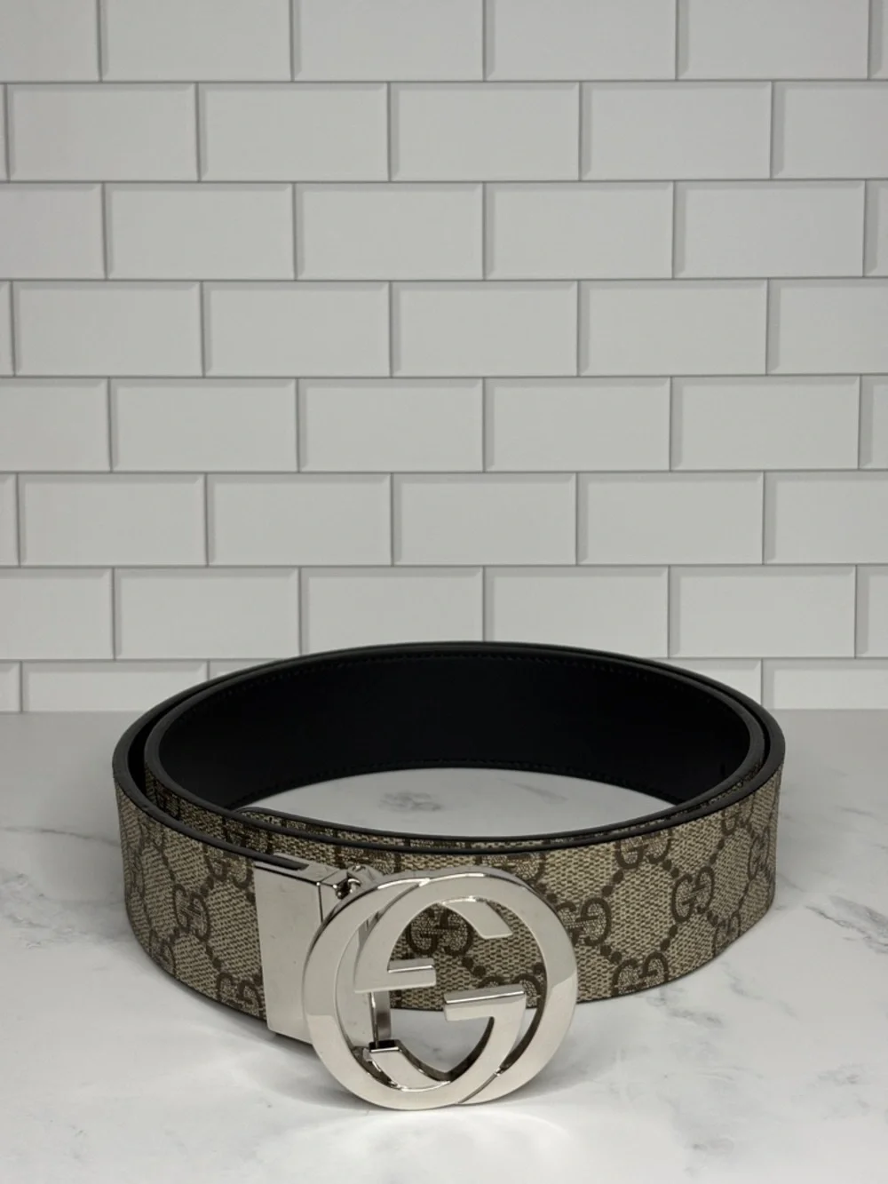 Gucci Beige GG Canvas Belt with Silver Double G Buckle
